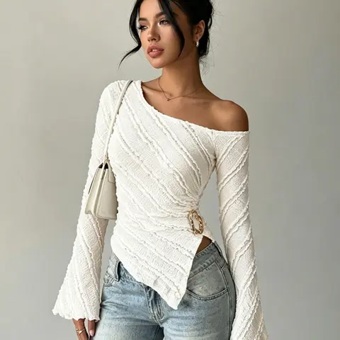Women's Asymmetrical Neckline Long Sleeve T-Shirt Top, Chic Elegant Style Tee for Everyday Wear, Fashion Spring Clothing