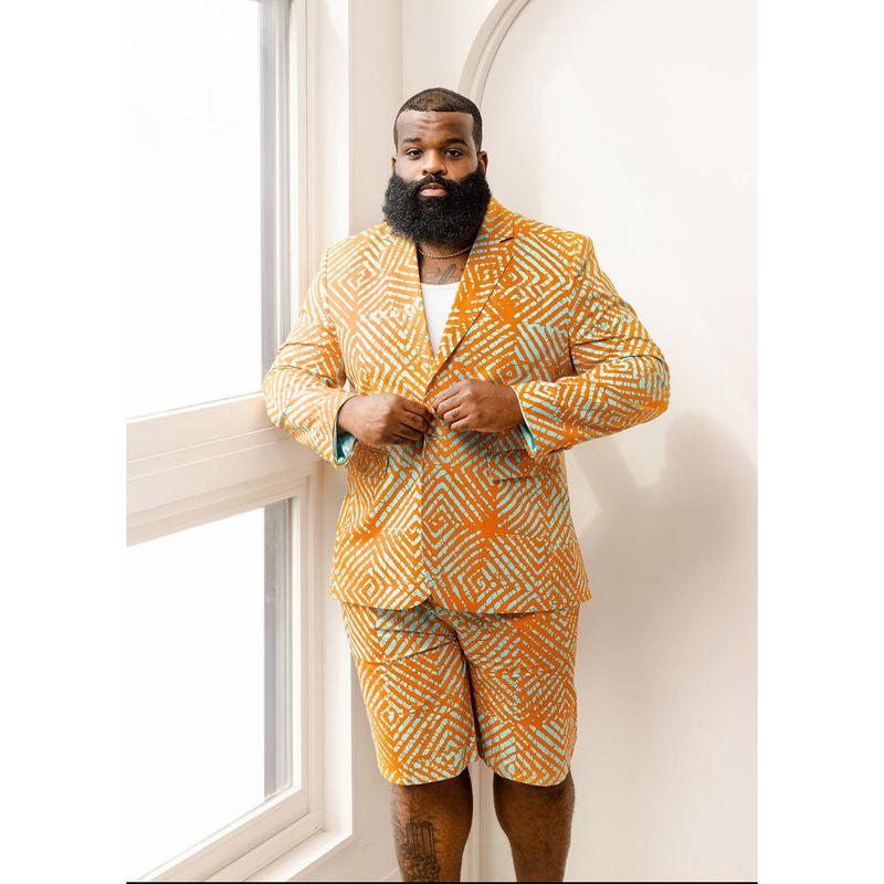 Hami Men's African Print Lightweight Blazer (Orange Blue Adire)