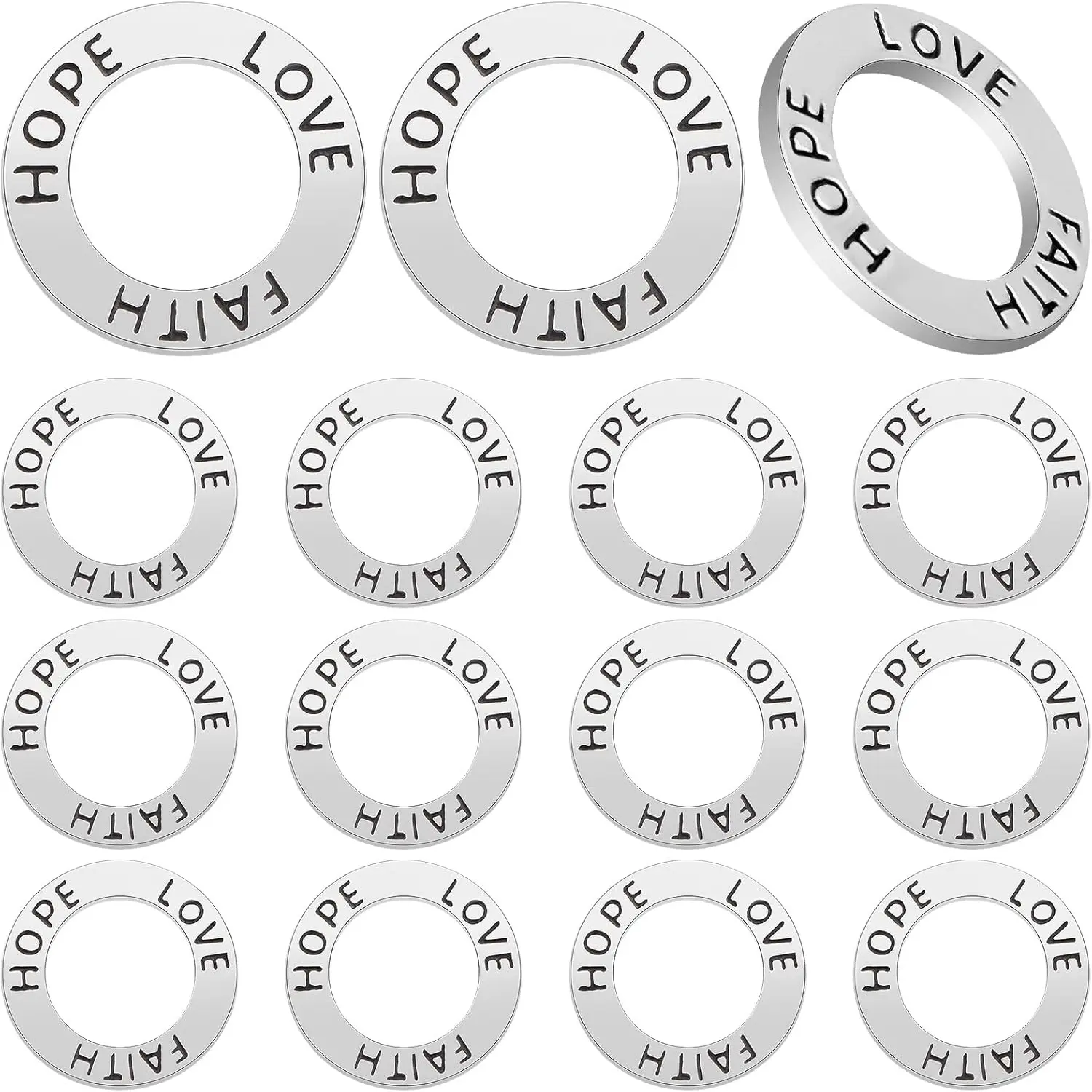 JMKTOOL 15pcs 19 mm Antique Silver Circle Inspirational Message Charm Connectors Round Engraved “Hope Love Faith” Pendant Links for DIY Necklace Bracelet Keychains Jewelry Making