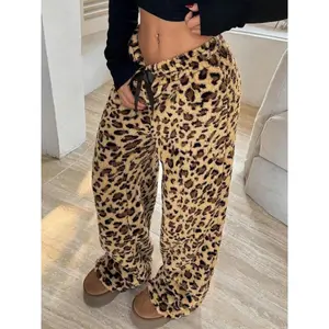 Women's Leopard Print Drawstring Waist Straight Pants, Casual Chic Wide Leg Plush Bottom, Comfortable Dailywear for Spring & Fall