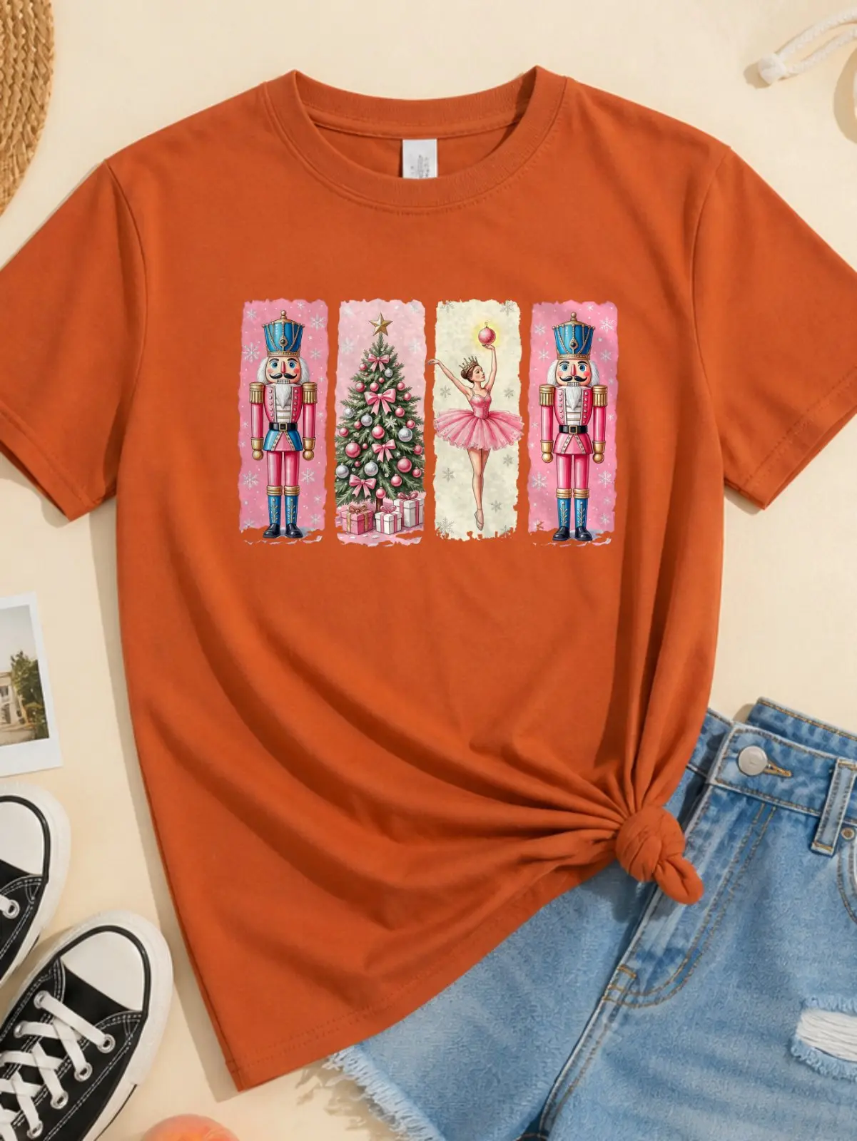 Pink Nutcracker Ballerina Christmas Print Women Premium Graphic Tee,100% Cotton Relaxed Fit Crew Neck Short Sleeve Top,Basic Printed T‑Shirt for Office Street Daily Outdoor Outfits