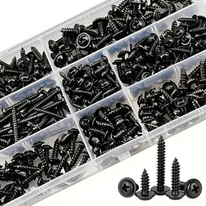 340pcs Self-Tapping Screw Set - M3/M4/M3.5/M4.8 Sizes, Pan Head Phillips Drive, Black Carbon Steel for Wood Furniture