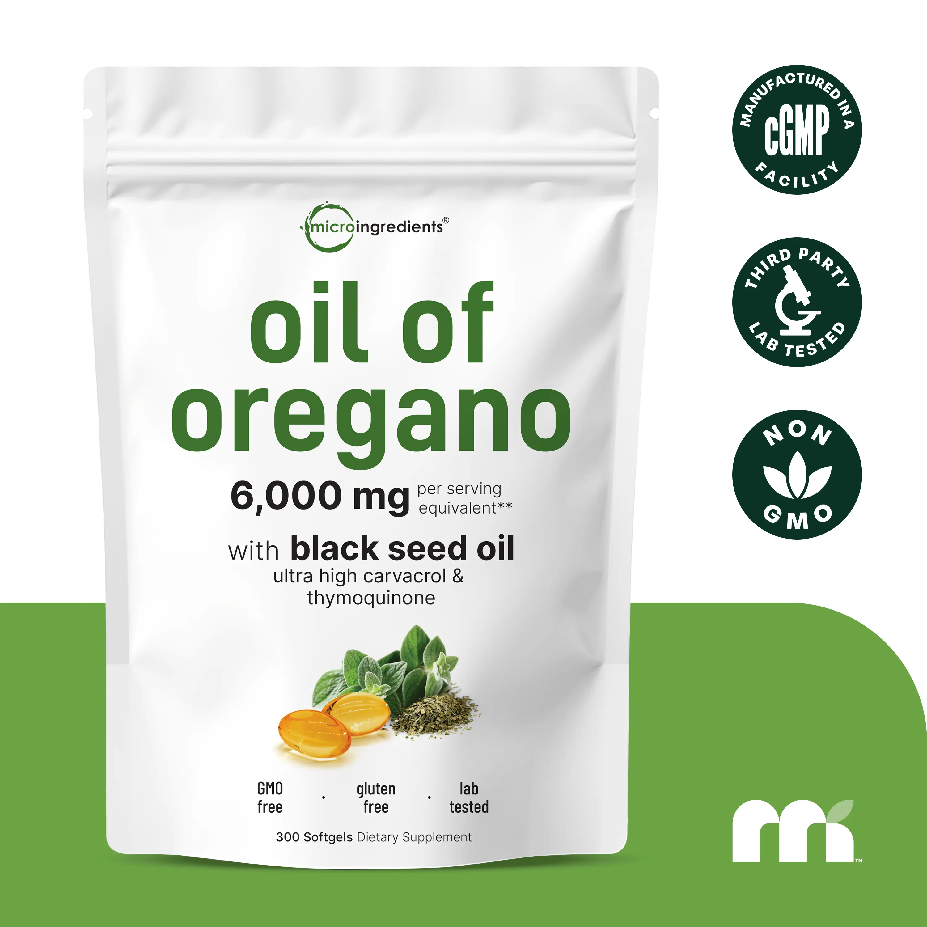Micro Ingredients Oregano Oil with Black Seed Oil, 150/300 Softgel, 4X Strength Carvacrol & Thymoquinone | Plant Based, Non-GMO