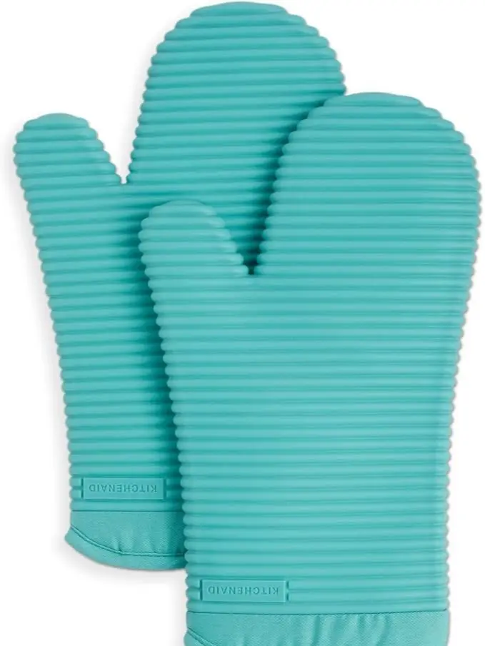 KitchenAid Ribbed Soft Silicone Oven Mitt Set, 7"x13", 2 Count, Ideal for Cooking and Baking Bakeware Stripe