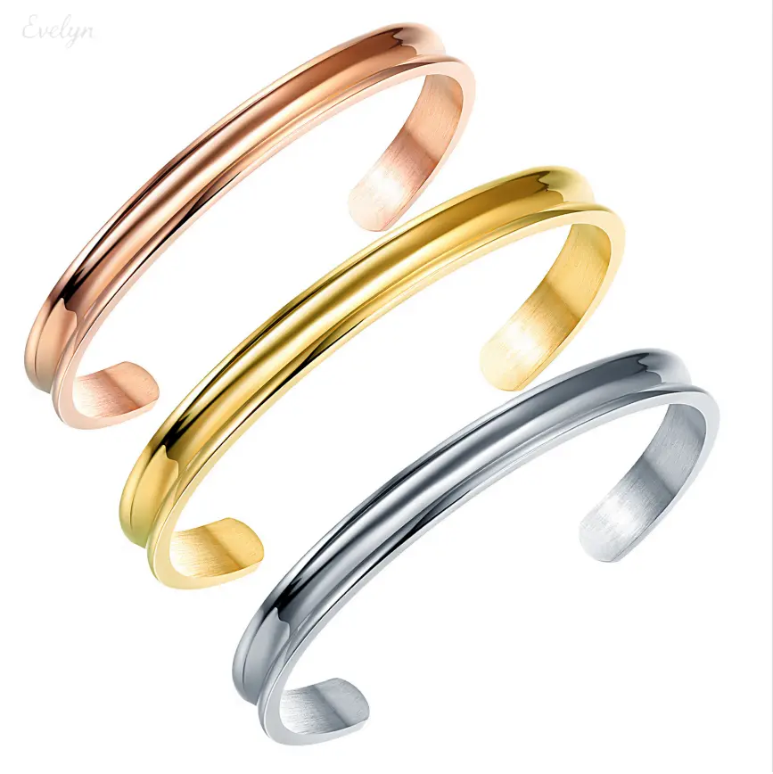 Polished Plain Open Cuff Bangle, 3 Tone Gold Rose Gold Silver Stainless Steel Minimal Stackable Cuff Bracelet