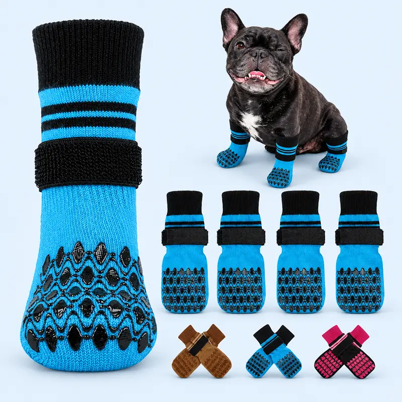 Kuoser Non-Slip Blue Dog Socks, 4-Pack Paw Protectors with Double-Sided Traction, Adjustable Hook-and-Loop Straps, All-Weather Protection for Indoor Hardwood Floors & Outdoor Use, Prevents Paw Licking for Small-Medium-Large Senior Dogs