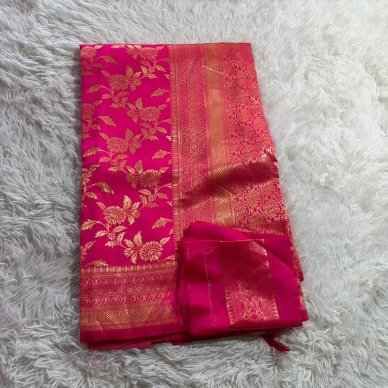 Silk Saree with Blouse Piece Falls Picco Done in Vibrant Pink with Gold Embroidery Womenswear Party