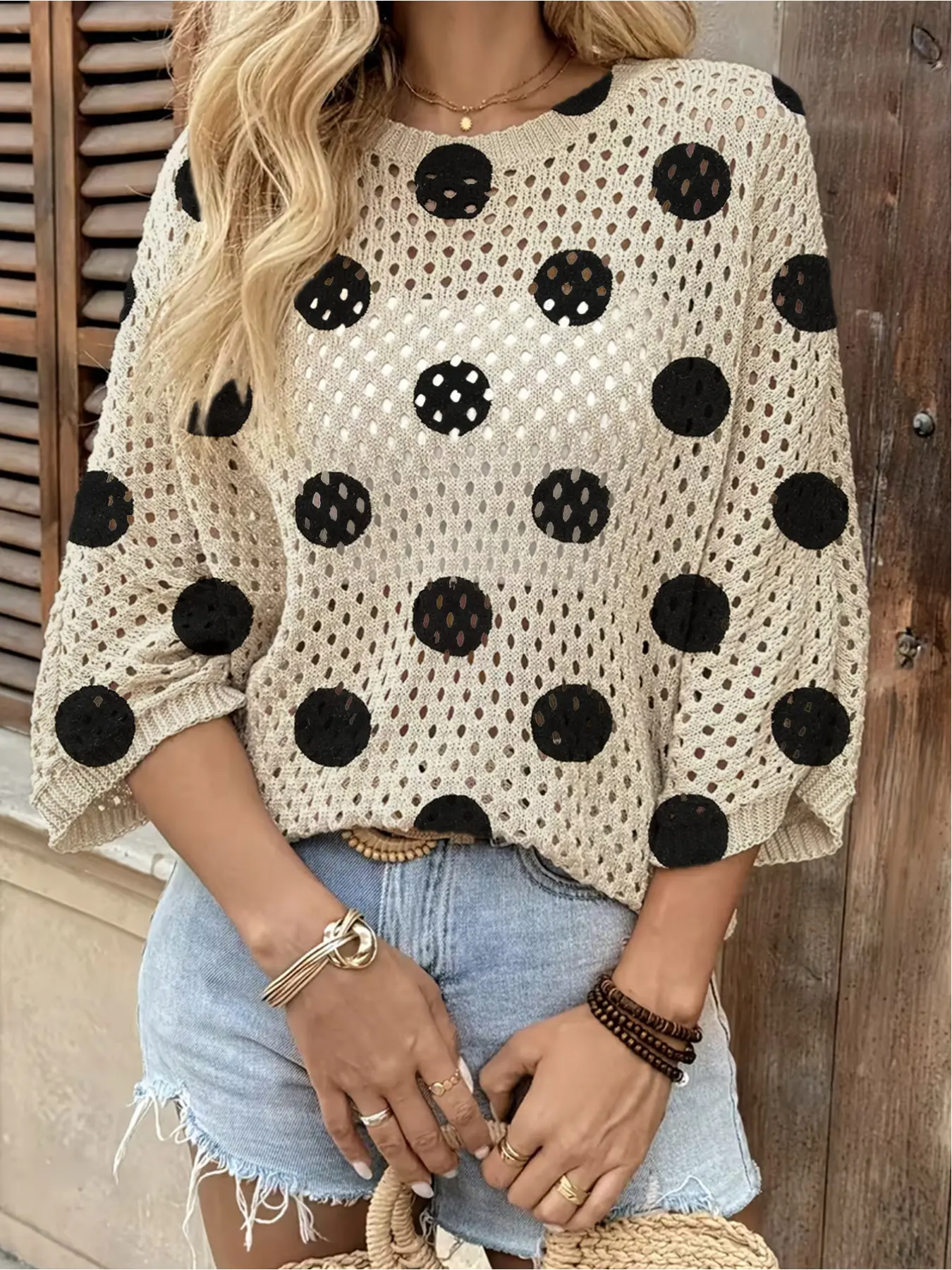 Short, Spring and summer style, round neck hollow loose bat blouse with shoulder sleeves, clash color black polka dot women's knit blouse, holiday style, commuting, Casual, women's vest blouse, Top