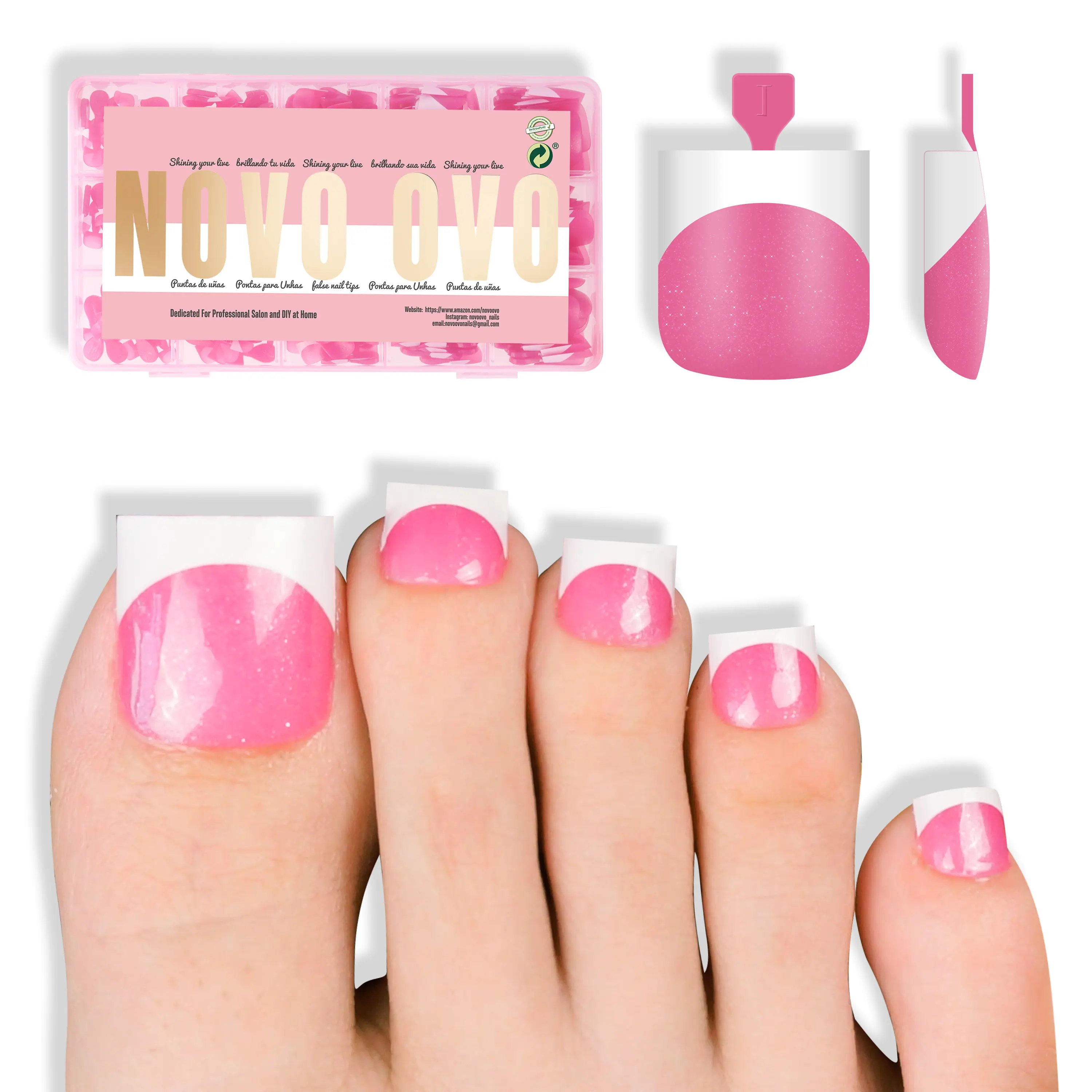 NOVO OVO French Tip Toe Nail Tips press on, ROSE PINK with Glitter Sharp Square Toe Nail Tips Toenail Extension, Need Builder Gel & Top Coat, no Glue, Full Cover Acrylic for DIY 15 Sizes 240 pcs【DOES NOT INCLUDE: LIGHT, GLUE, BUILDER GEL】