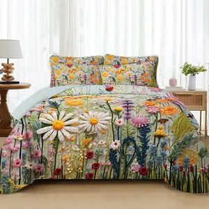 Bohemian-style lightweight quilted thin quilt, chrysanthemum-print bedspread, floral bedding set (king/queen size with 2 pillowcases; twin size with 1 pillowcase). Soft and comfortable, suitable for all seasons.