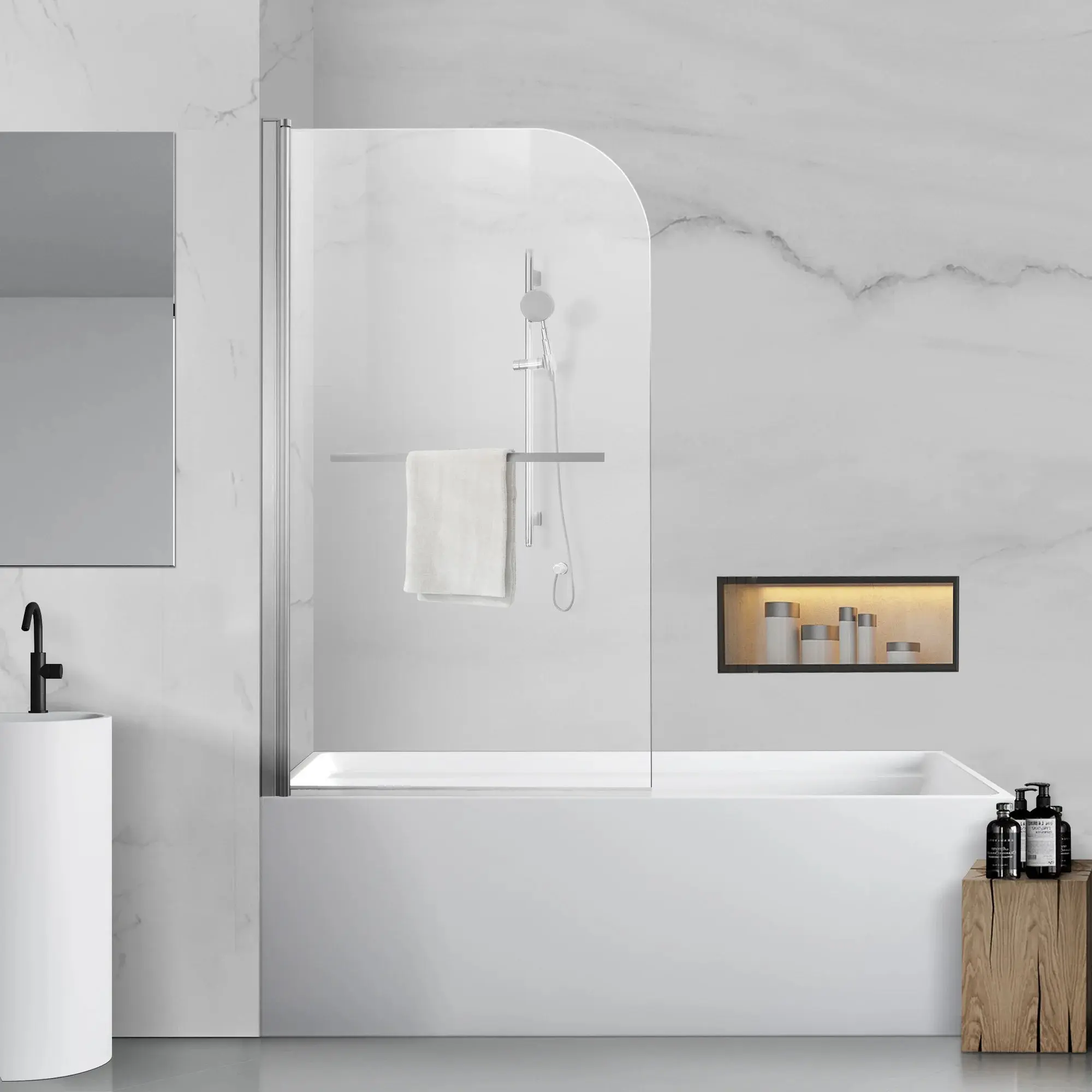 34" W x 58" H Frameless Pivot Bathtub Screen with Curved Top, 1/4" (6 mm) Clear Tempered Glass, Towel Bar, 180° Pivoting
