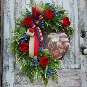 Patriotic Bald Eagle Wreath, Independence Day Memorial Decoration, Rose American Flag Wreath, Rustic Door Hanging, Indoor Outdoor Decor