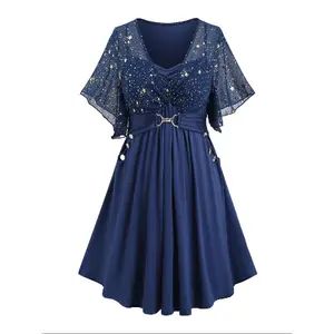 [Plus Size] Star Patchwork Print Fake Buttons Ruched Wrap Dress, Elegant Butterfly Sleeve Pocket Chain Detail Dress for Party Holiday Wedding Guest, Women's Clothes for Summer, Dresses for Women, Classy Dresses, Womenswear