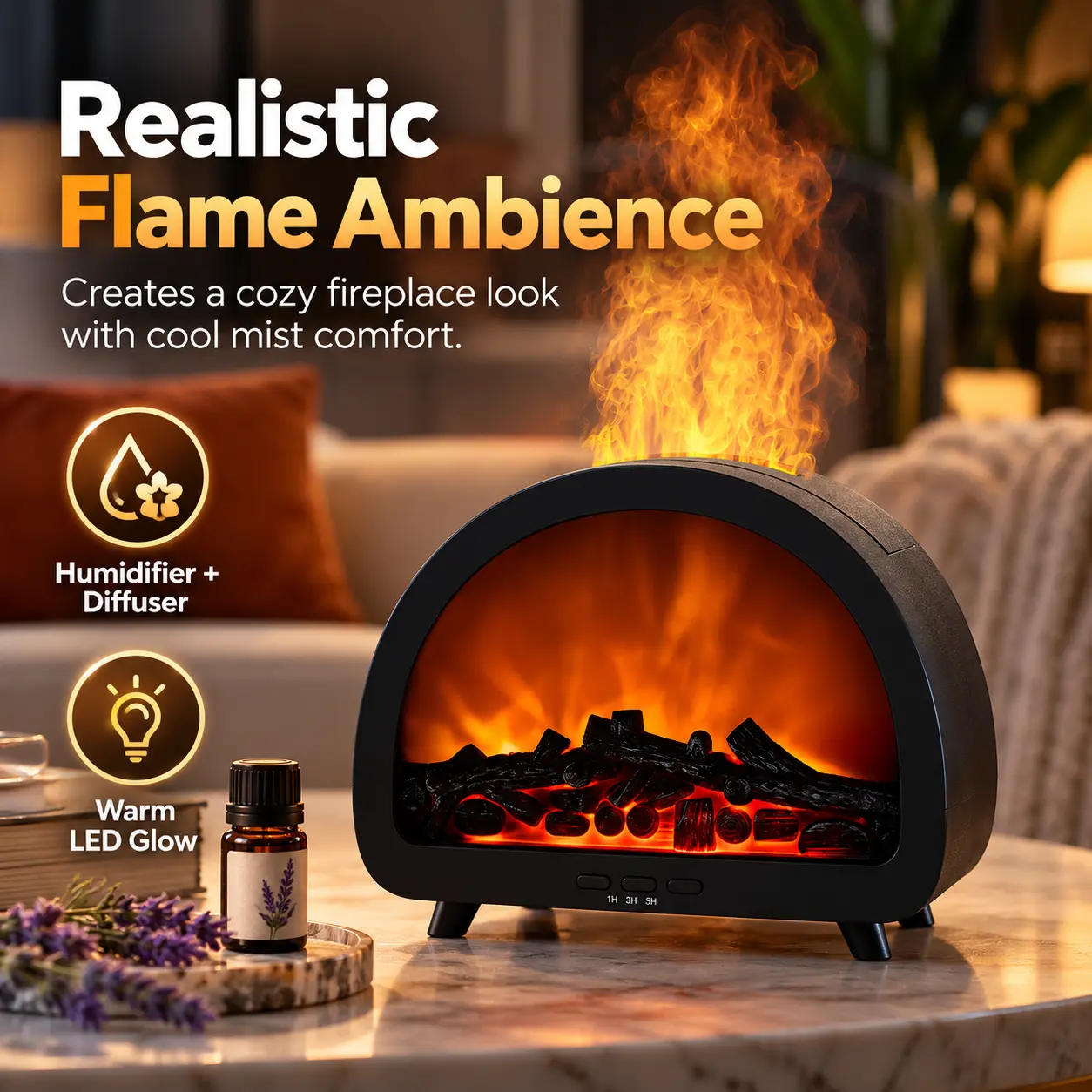 Fireplace Flame Aroma Diffuser & Humidifier, 200mL Essential Oil Diffuser with Remote Control, 1/3/5H Timer, LED Flame Effect, Quiet Cool Mist, Cozy Home Bedroom Office Decor