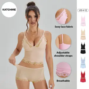 Katch Me COZY Women's Minimalist Spaghetti Strap Lace Trim Wirefree V-Neck Camisole & Panties Set, Lightweight Sweat-Wicking Underwear Set, Lace Series Breathable Two Piece Sets