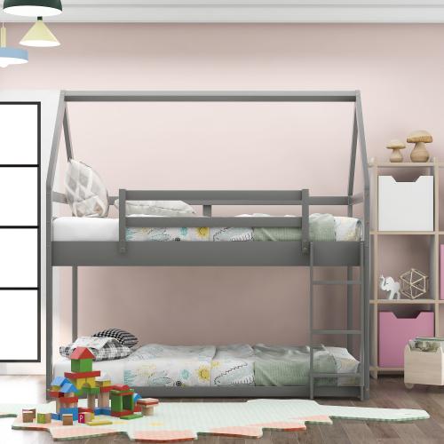 【Bellemave】Twin over Twin/Twin over Full  Low Bunk Bed, House Bed with Ladder , Gray(OLD SKU:WF 197808 AAE)
