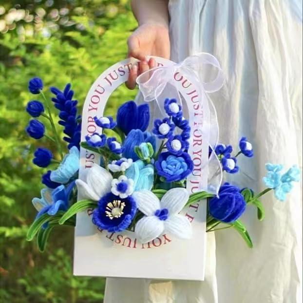 Blue Pipe Cleaner Kit With 150 count Pipe Cleaners Colourful in 3 Colours(Dark Blue,Light Blue,Green),8 Pcs Green Floral Wire,40 ,40 Stamen,Floral Tape,Flower Wrapping Paper and Ribbon