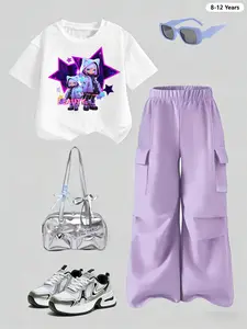 Girls Summer Cartoon Print Short Sleeve Workwear Pants Set, 8-12 Years, Comfortable Breathable Fabric, Round Neck T-Shirt, Two-Piece Set