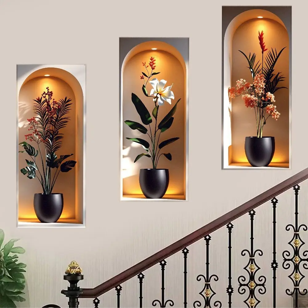 Elegant Tropical Plant Niche Wall Stickers Decor Wall Decals, Arch Display Window Theme Exotic Leaf Floral Fake Window Scene, Removable Self-Adhesive PVC Wallpaper