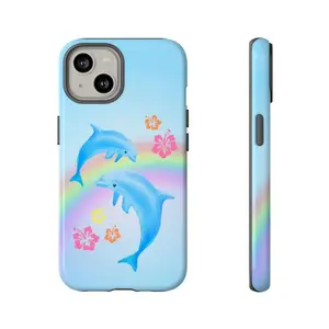 Y2K Hand-Painted Dolphins Smartphone Case, 2000s Retro Aesthetic Cellphone Shell, Cute Handheld Phone Accessories for iPhone 11 12 13 14 15 16 17 Pro Max Air Plus