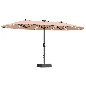 15FT Double-Sided Rectangular Patio Umbrella with Solar LED Lights & Base – UV-Resistant Waterproof Canopy – 12 Ribs, Double-Layer Cloth, Heavy Duty Frame, Crank – Outdoor Garden Pool Deck Shade