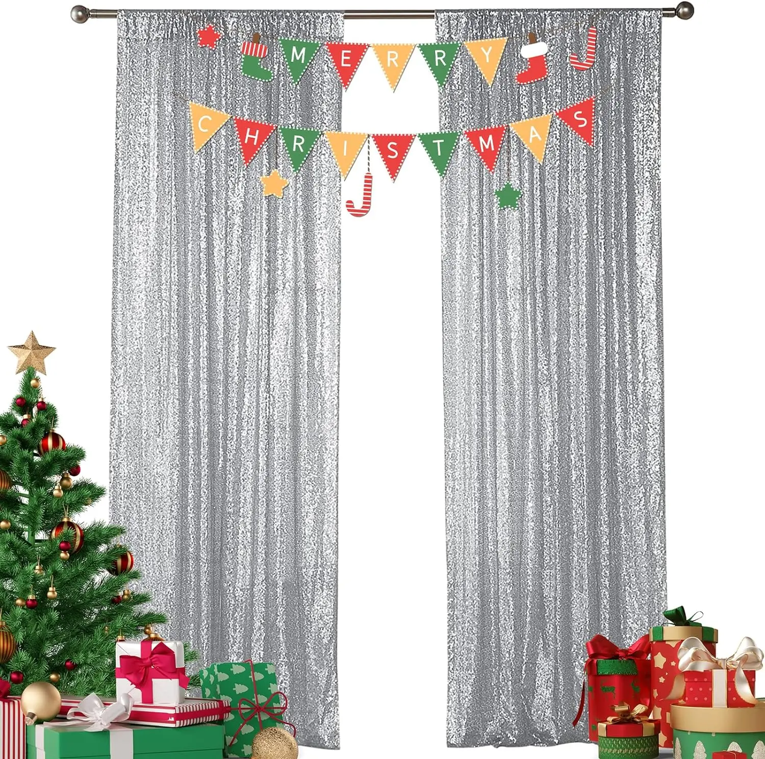 Silver Sequin Shimmer Wall Backdrop Curtains, 2-Piece 2FTx8FT Festive Party Supplies for Weddings, Graduation Decor