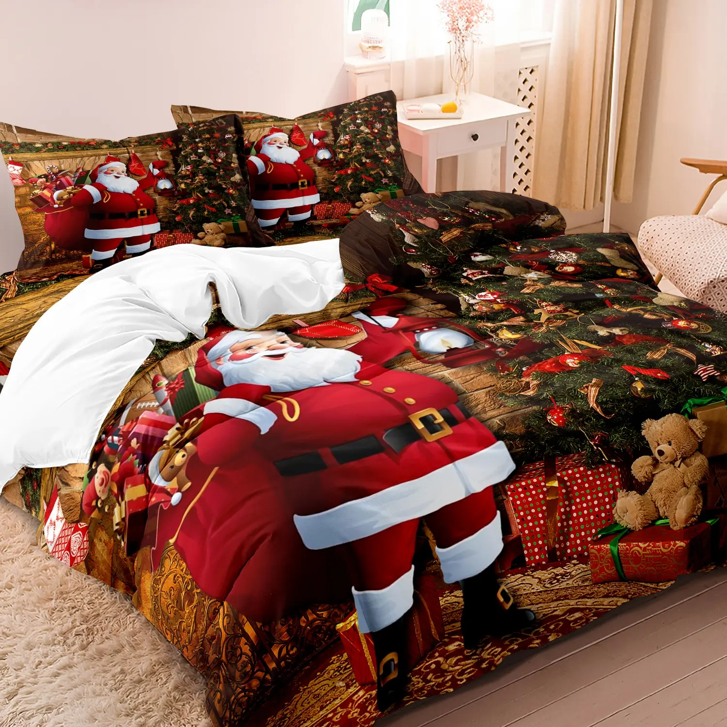 3pcs Merry Christmas Duvet Cover, Decorative Duvet Cover, Duvet Cover Sets, Farmhouse Santa Claus Snowman Snowflake Tree Pattern Microfiber Bedding Comforter Cover Set (1 Duvet Cover + 2 Pillowcase), Christmas Decor, Farmhouse Style, Durable