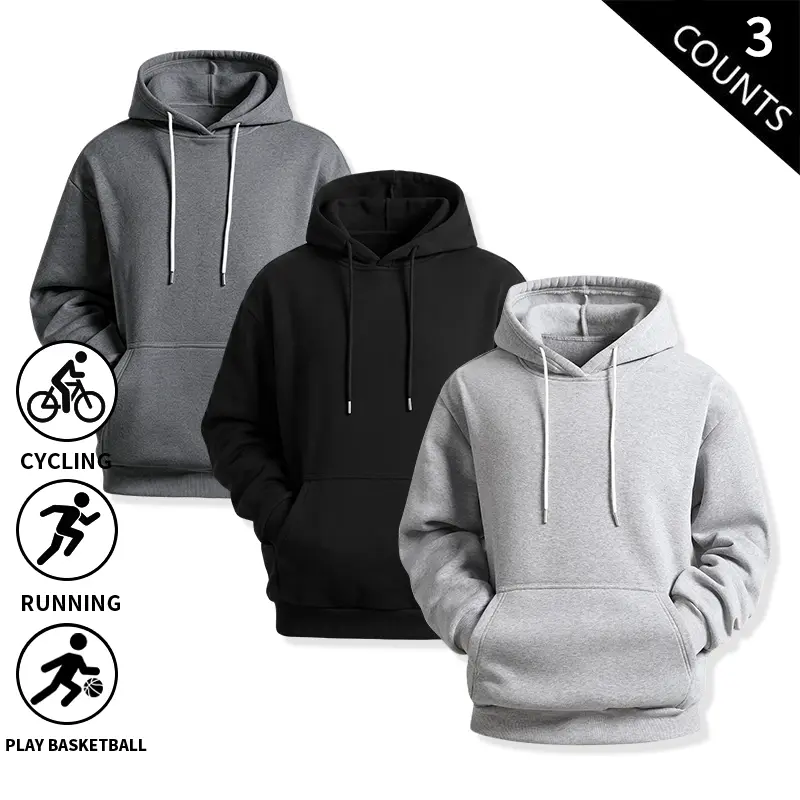 3-Pack Men’s Classic Pullover Hoodies – Soft Fleece, Long Sleeves, Front Kangaroo Pocket, Casual Loose Fit, Athletic Hoodie for Running, Cycling, Basketball, Daily Workout; Basic Plain Hoodies for Men