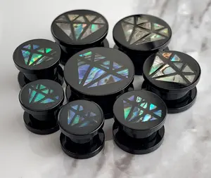 PAIR of Unique Diamond-Shaped Abalone Inlay Acrylic Screw Fit Plugs - Gauges 0g (8mm) thru 5/8" (16mm)