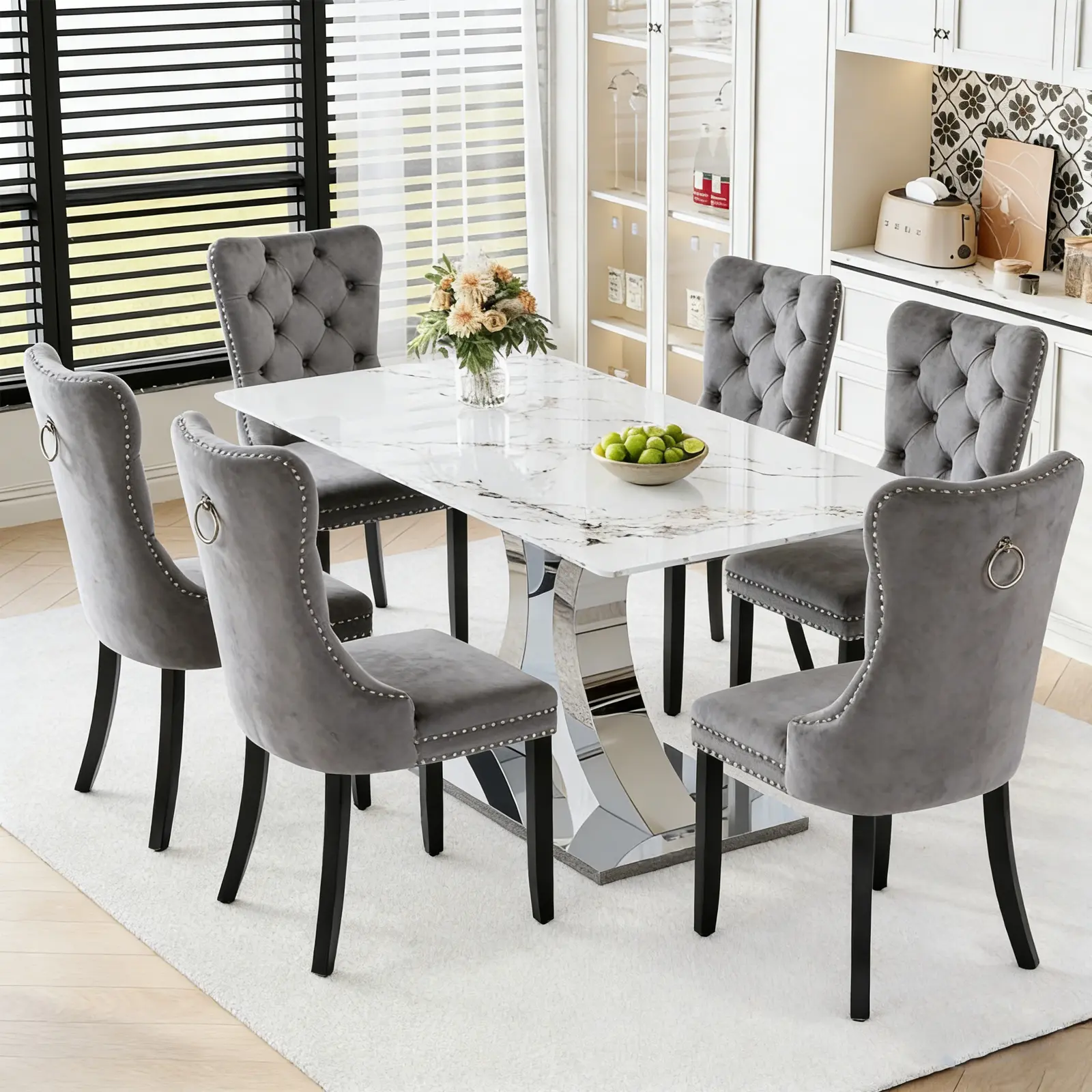 1 Table+6 Gray Solid Wood Legs