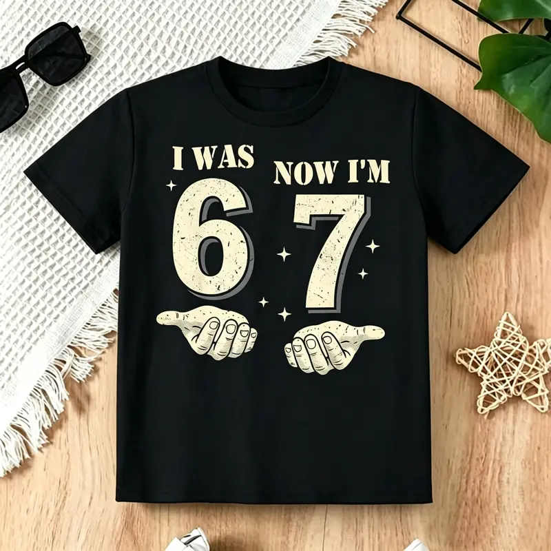 Boys' 7th Birthday Art Graphic Tee, Casual Cotton Humorous T-Shirt with "I Was 6 Now I'm 7" Digital Print and Relaxed Fit, Graphic Printed Tees, Funny, Humorous Tshirt, Minimalist, Figure, Short Sleeve, Breezy, Short Sleeves, Humor Quote, Athletic, Pure C