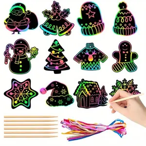 Random Color Christmas Scratch Off Card, Craft Scratch Paper for DIY, DIY Scratch Off Card with Stickers & Wooden Sticks, Garden Decor Supplies for Home Garden