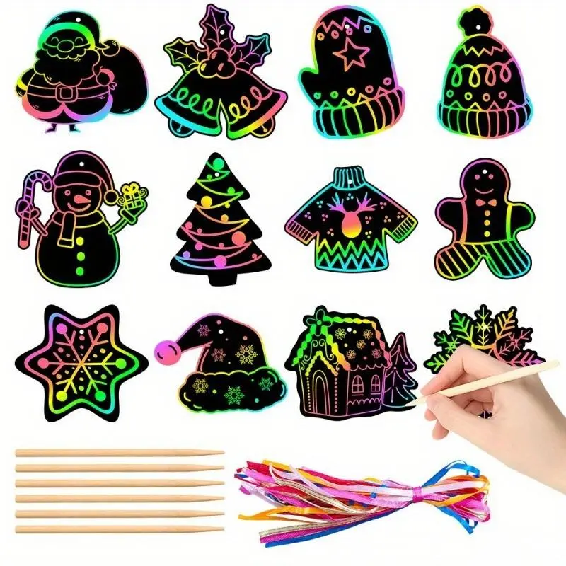 Random Color Christmas Scratch Off Card, Craft Scratch Paper for DIY, DIY Scratch Off Card with Stickers & Wooden Sticks, Garden Decor Supplies for Home Garden