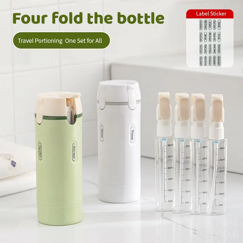 4-in-1 Travel Storage Canister, Compact Plastic Dispenser with 4 Refillable Leak-Proof Pump Bottles for Shampoo and Lotion, Portable for Gym & Outdoors, Multi Compartment Organiser