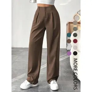 Women's Solid Color Pleated Pocket High Waist Wide Leg Pants - Essential Fit, Elegant Zipper Fly Trousers for Lady's Work Office Business, Spring & Fall Sport & Outdoor Bottoms