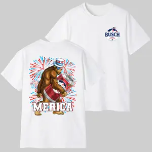 Merica Bigfoot Beer Shirt, Funny Patriotic Sasquatch Tee, Fourth Of July Fireworks Shirt, USA Independence Day Graphic Tee, Retro American Summer Party Shirt