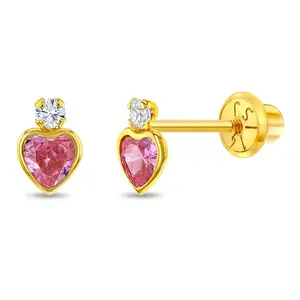 14k Gold Royal Heart CZ Kids / Children's / Girls Earrings Safety Screw Back