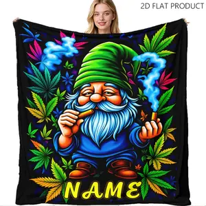 Colorful Cartoon Gnome Printed Throw Blanket, Multiple Specifications Available, Soft Flannel Material, Perfect for Nap/Indoor Use, Add a Fun Touch to Your Space, Vibrant Cannabis Leaf Design