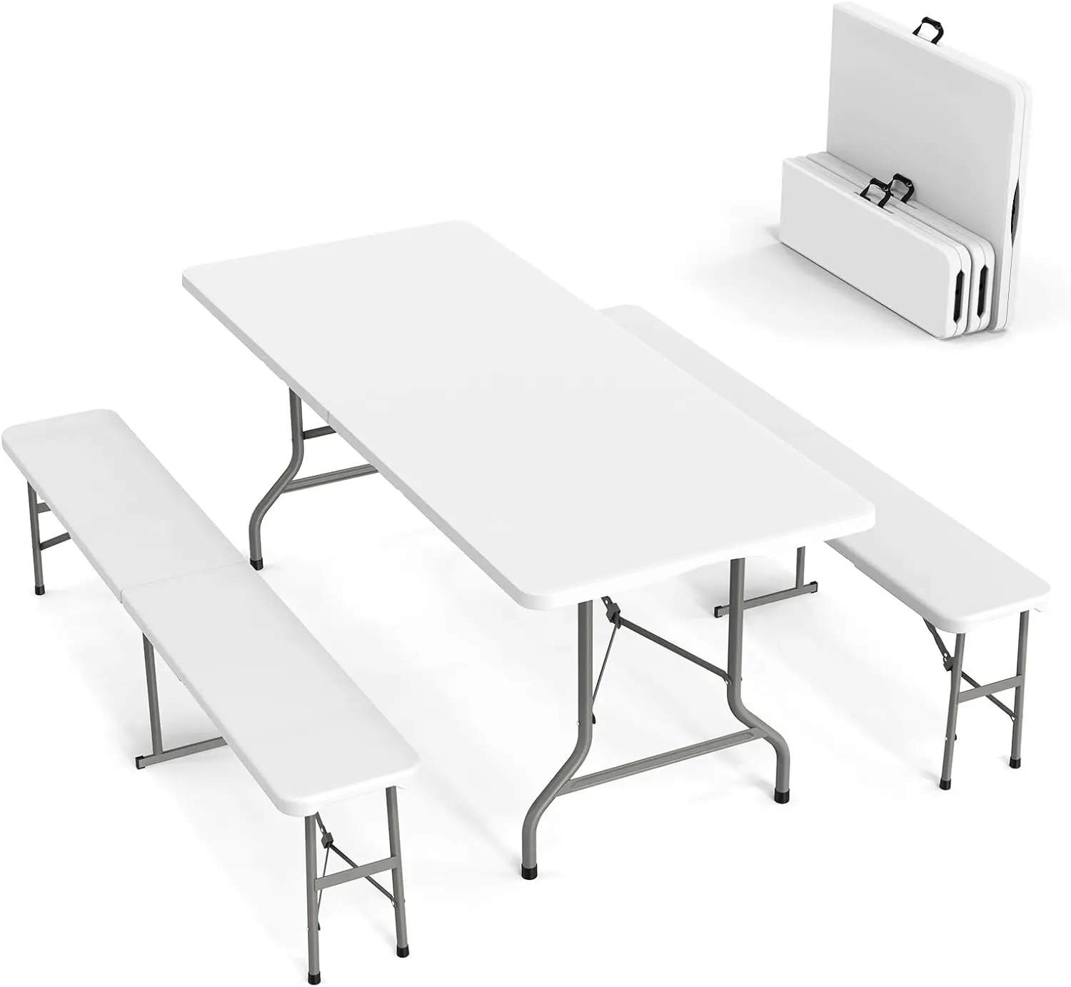 VINGLI Picnic Table Set with 2 Benches, 6 Feet Camping Table Chair Set,3-Piece Folding Furniture for Indoor or Outdoor Use, Smooth Tabletop