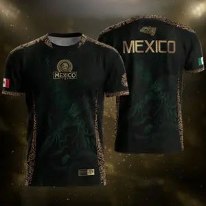 100% Cotton Mexico National Team Soccer Jersey, 2026 World Cup El Tri Football Fan Shirt, Aztec Quetzal Serpent Eagle Tribal Pattern & Mexico Flag Print, Breathable Full Cotton Crew Neck Sports Jersey Casual Streetwear Supporter Tee For Men