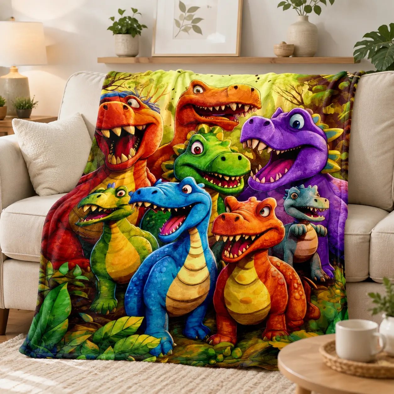 Soft Flannel Dinosaur Print Bed Blanket - Colorful Dino Jungle Design Cozy Blanket, Kid Bedding for Snuggling Warmly or Adding Prehistoric Charm, Dinosaur Print Blanket, Back To School Shopping Home Decor Gift for Kids Bedroom Sofa Couch