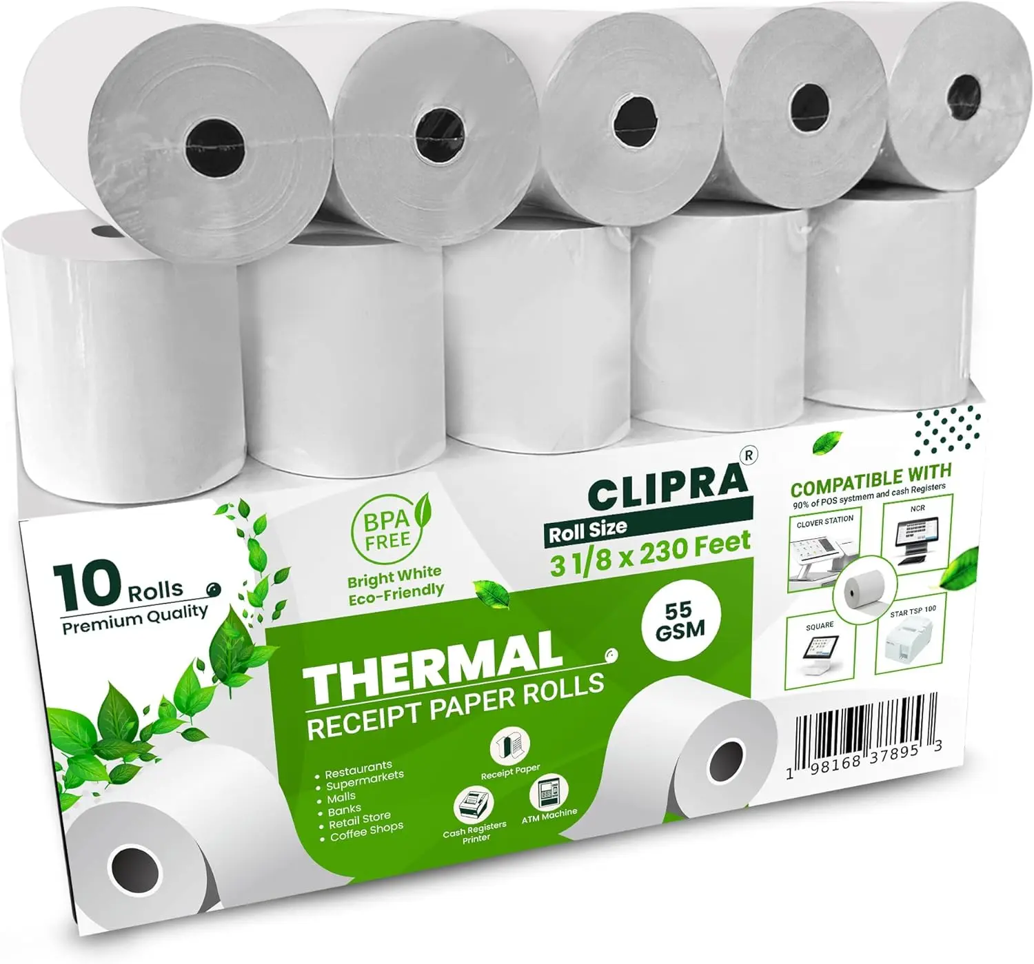 Premium BPA-Free Thermal Paper Receipt Rolls (10 Pack) (30 Pack)- 3 1/8 x 230 in, 55 GSM, USA-Based Brand, Compatible with POS Systems & Cash Registers