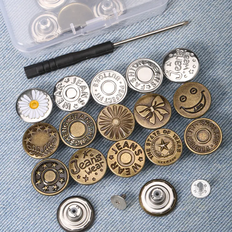 10-Set No-Sew Removable Metal Jean Button Replacement Kit, 17mm Thread Rivets & Screwdrivers for Jeans Clothing Repair Supplies (Hand Tools Accessory)