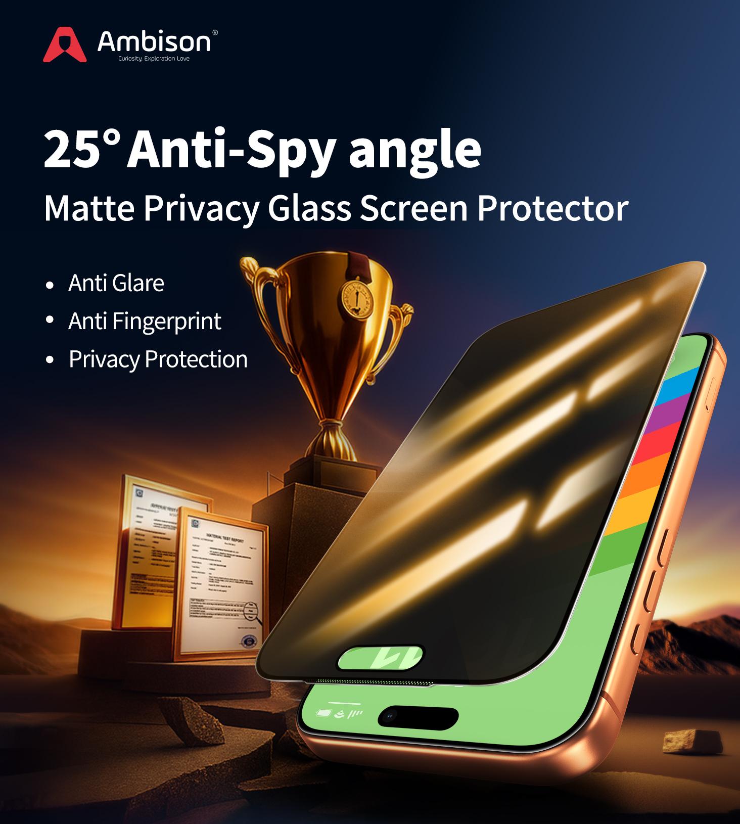 Ambison 2-Pack Matte Privacy Screen Protector for iPhone 17/16/15/14/13 Pro Max, with Easy Installation Tool | Anti-Spy, Anti-Glare, Full Coverage Tempered Glass Film | Anti-Fingerprint, Bubble-Free, Case-Friendly, Silk-Smooth, Shockproof Protection.