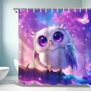 Fantasy Owl Starry Christmas Bathroom Shower Curtain, perfect for bathroom decoration, partition, beautify space, polyester durable material, easy to clean, machine washable, multiple sizes to choose from, shower curtain hook