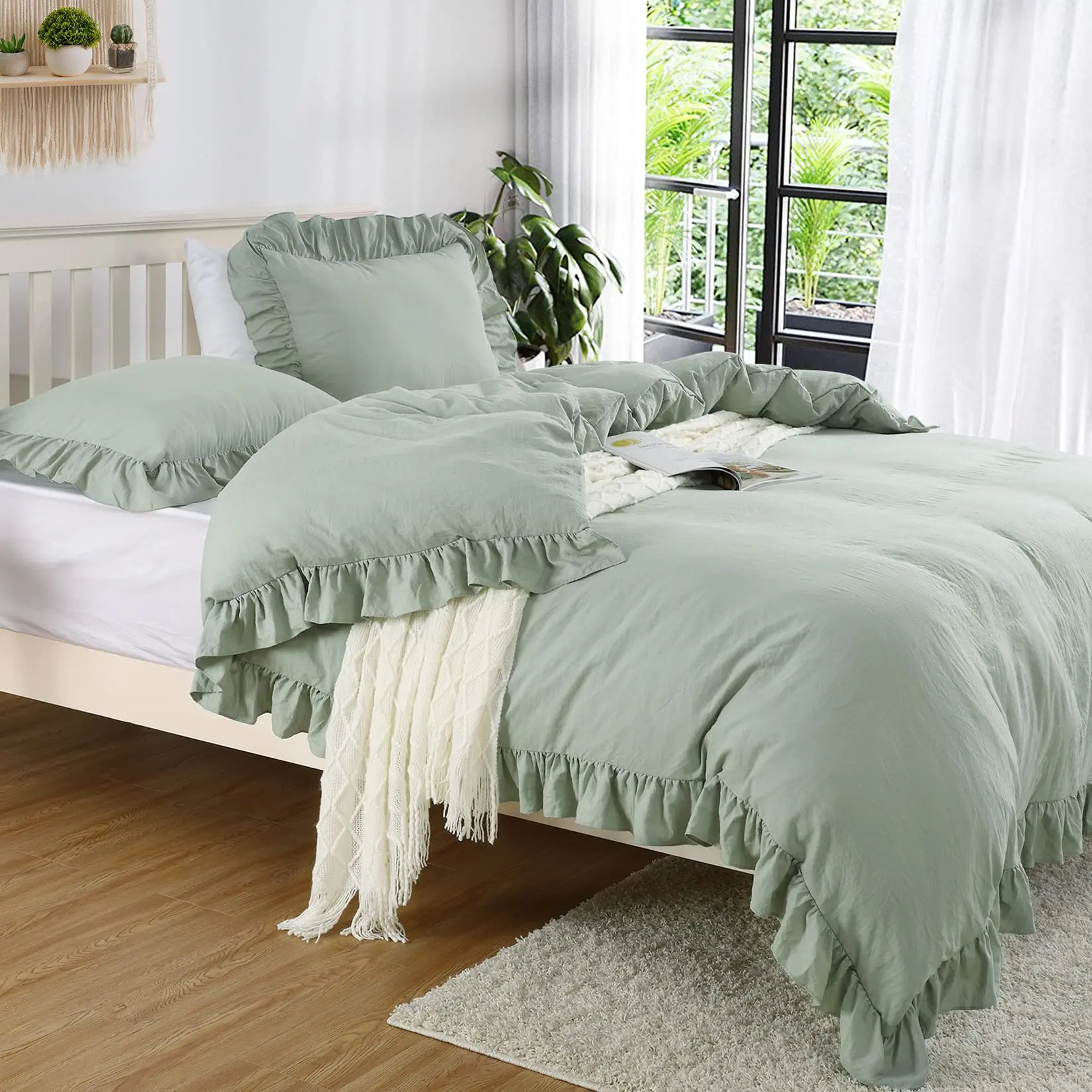 Ruffle Queen Size Duvet Cover Set, 3PCS Soft Washed Microfiber Vintage French Country Design for Queen Bed, 90x90 in, Luxurious Comfort