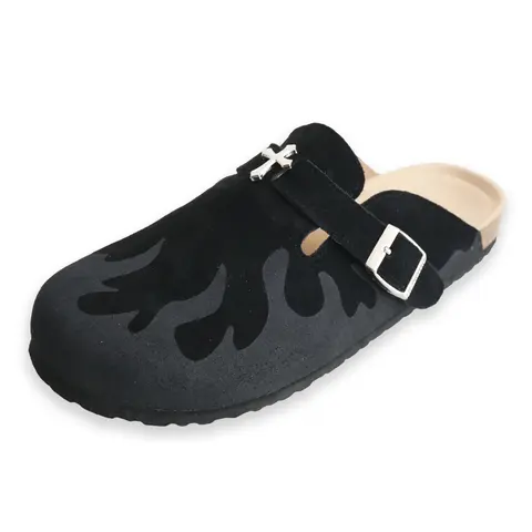 EVELLYHOOTD Men's Suede Leather Clogs, Minimalist Slip-On Mules, Round Toe Cork Footbed, Skull / Flame Cross for Streetwear & Daily Wear