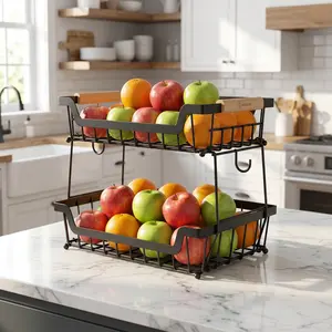[2/3] Tier Fruit Basket for Kitchen Counter, Stackable Metal Wire Produce Storage Basket with Banana Hanger, Wooden Handles & Anti-Slip Feet, Large Capacity Fruit Vegetable Organizer for Countertop, Pantry, Bathroom, Black, Heavy Duty Stackable Storage Ra