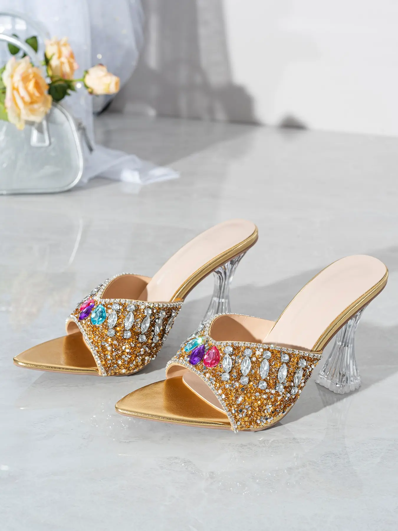 Rhinestone Transparent Colorful Women's High Heel Mules Embellished Sandals, Open Toe Pointed Toe, Crystal Chunky Heels, Classic Party Shoes for Weddings Footwear
