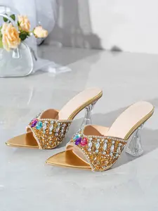 Rhinestone Transparent Women's High Heel Mules Sandals, Open Toe Pointed Toe, Crystal Chunky Heels, Classic Party Shoes for Weddings Footwear